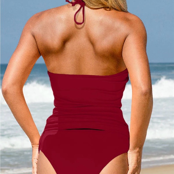 Beachsissi Fashion Wine Red Halter Neck Tankini Set - Picture 2 of 15